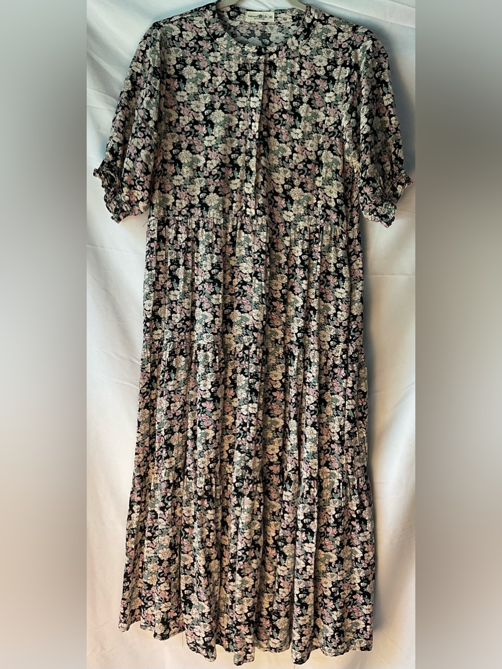 NATURAL LIFE Black Floral Prarie Midi Dress XS Pockets
